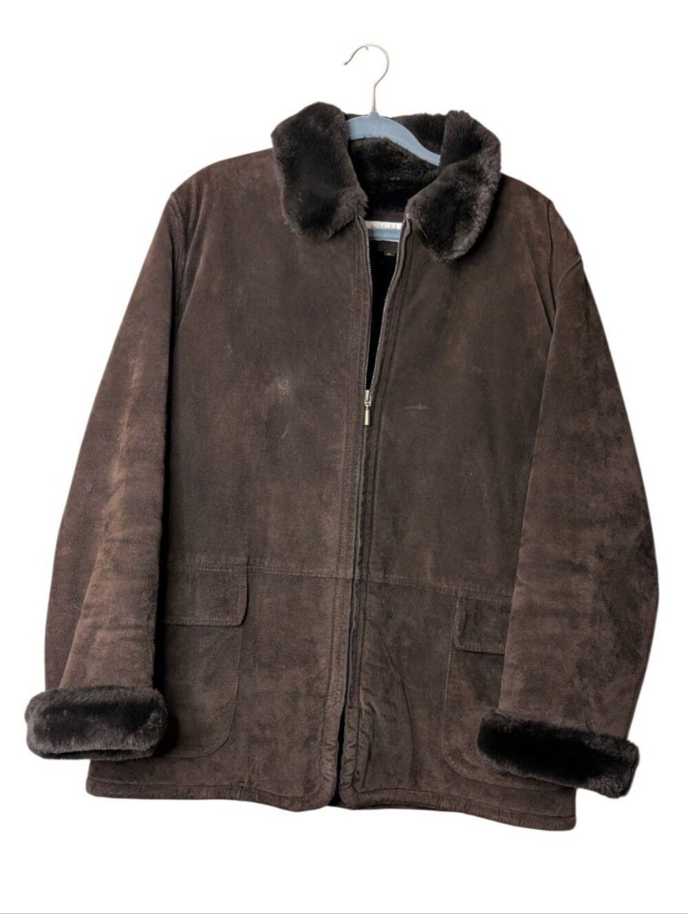 Jones New York Sport Brown Suede Leather Jacket Faux Fur Trim Coat Large